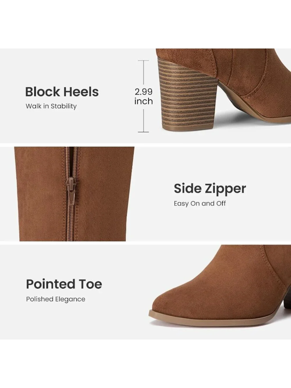 Women's Brown Suede Chunky Heel Suede Pointed Toe Side Zipper Knee High Boots